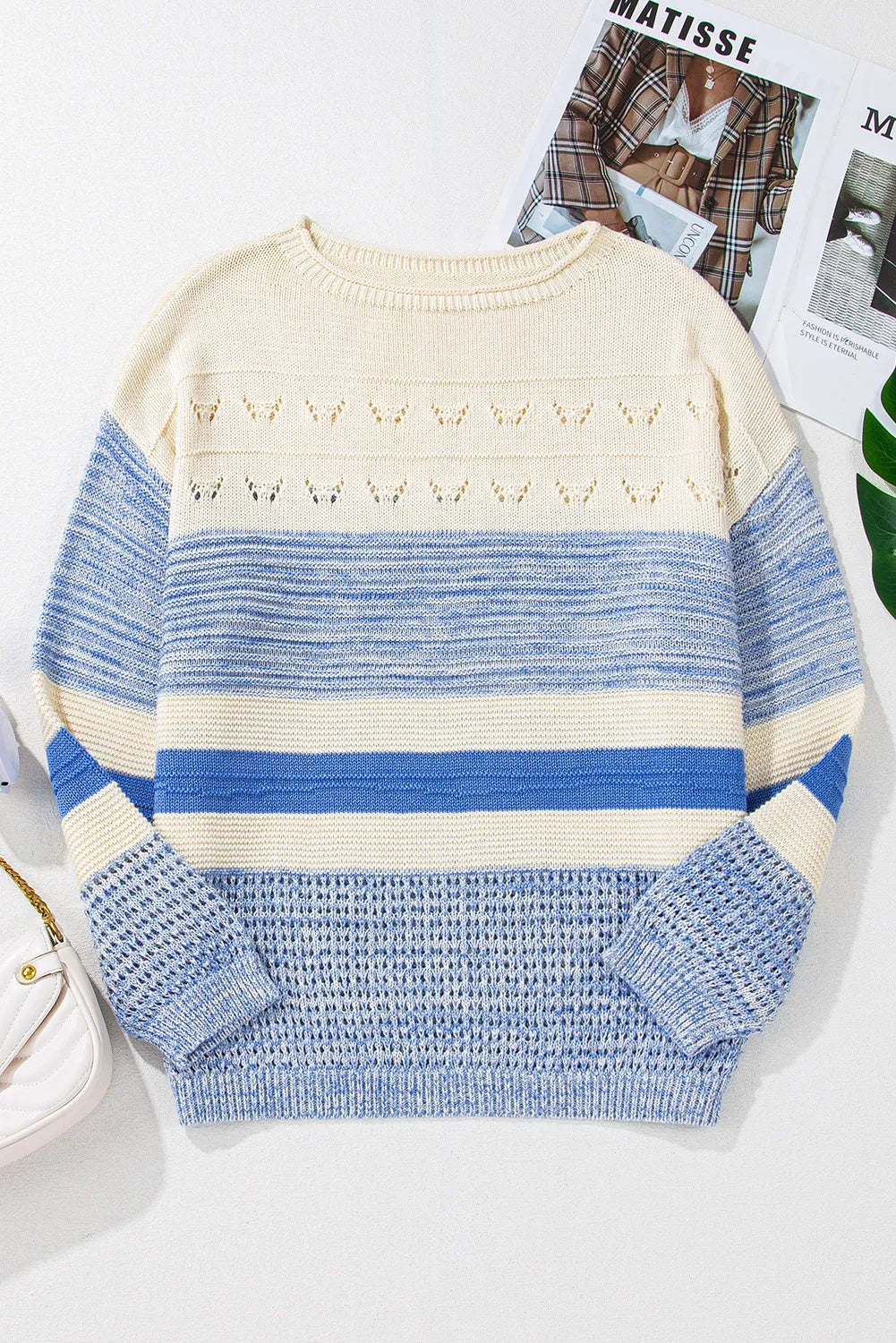 Light Blue Color Block Boat Neck Long Sleeve Sweater | Winter Fashion | Casual Tops