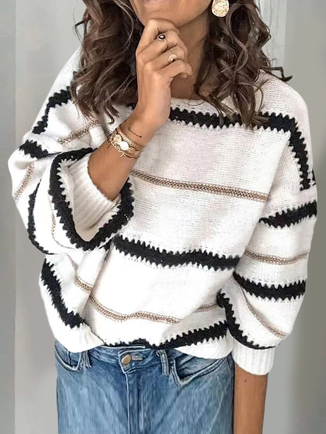 Contrast Striped Round Neck Long Sleeve Sweater | Winter Fashion