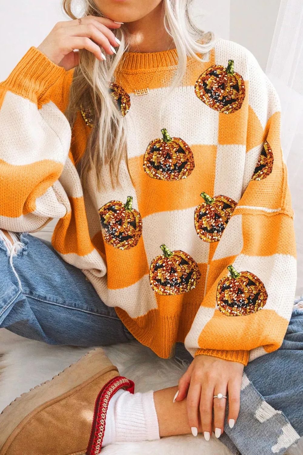 Pumpkin Checkered Round Neck Long Sleeve Sweater | Halloween Sweatshirt | Spooky Season