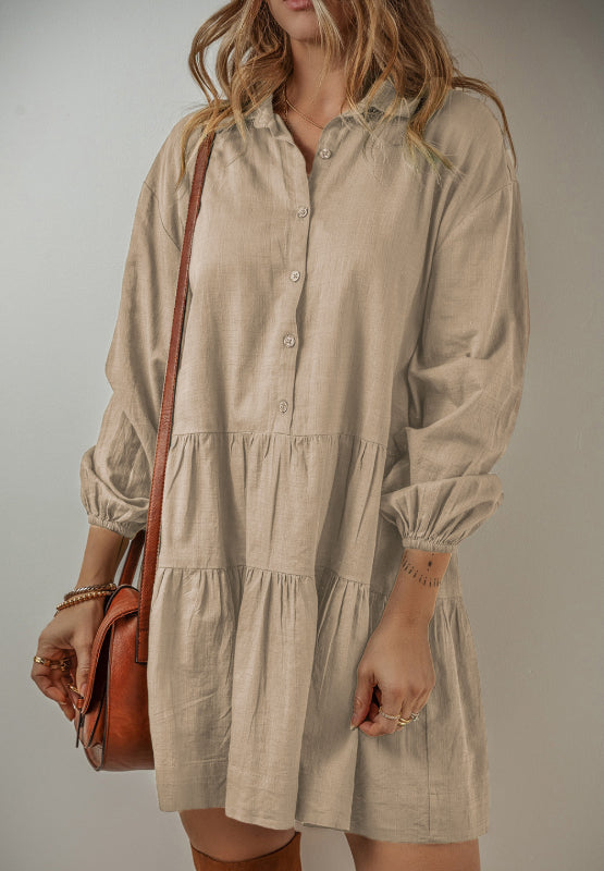 Tiered Collared Neck Balloon Sleeve Shirt Dress | Casual Dresses | Winter Dresses