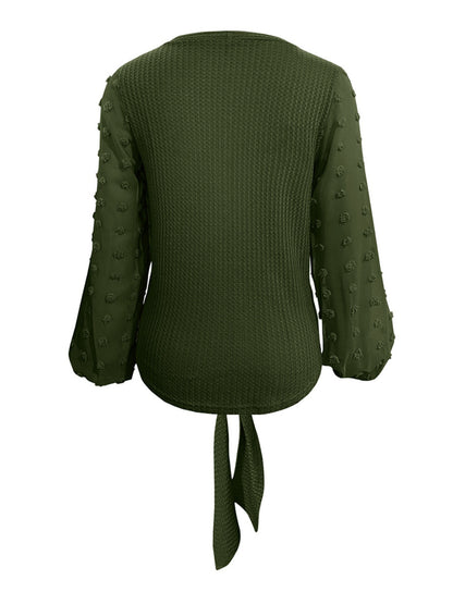 Tied Swiss Dot V-Neck Long Sleeve Sweater Blouse