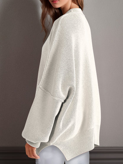 Oversized Side Slit Round Neck Long Sleeve Sweater