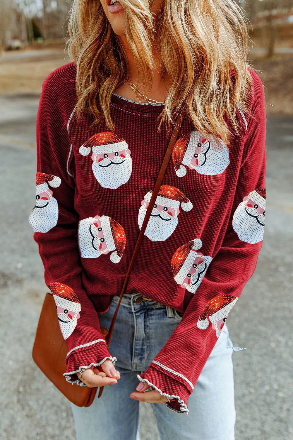 Sequin Santa Round Neck Long Sleeve Blouse | Christmas Sweater | Christmas Outfit