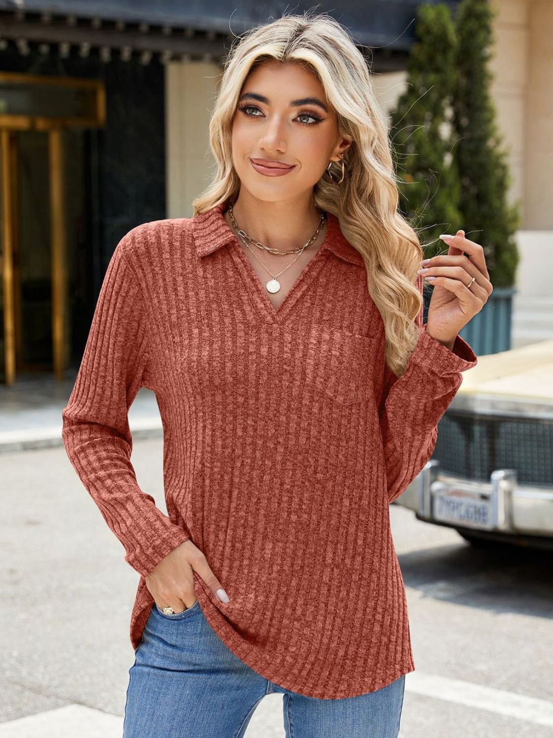 Ribbed Johnny Collar Long Sleeve T-Shirt | Casual Winter Fashion