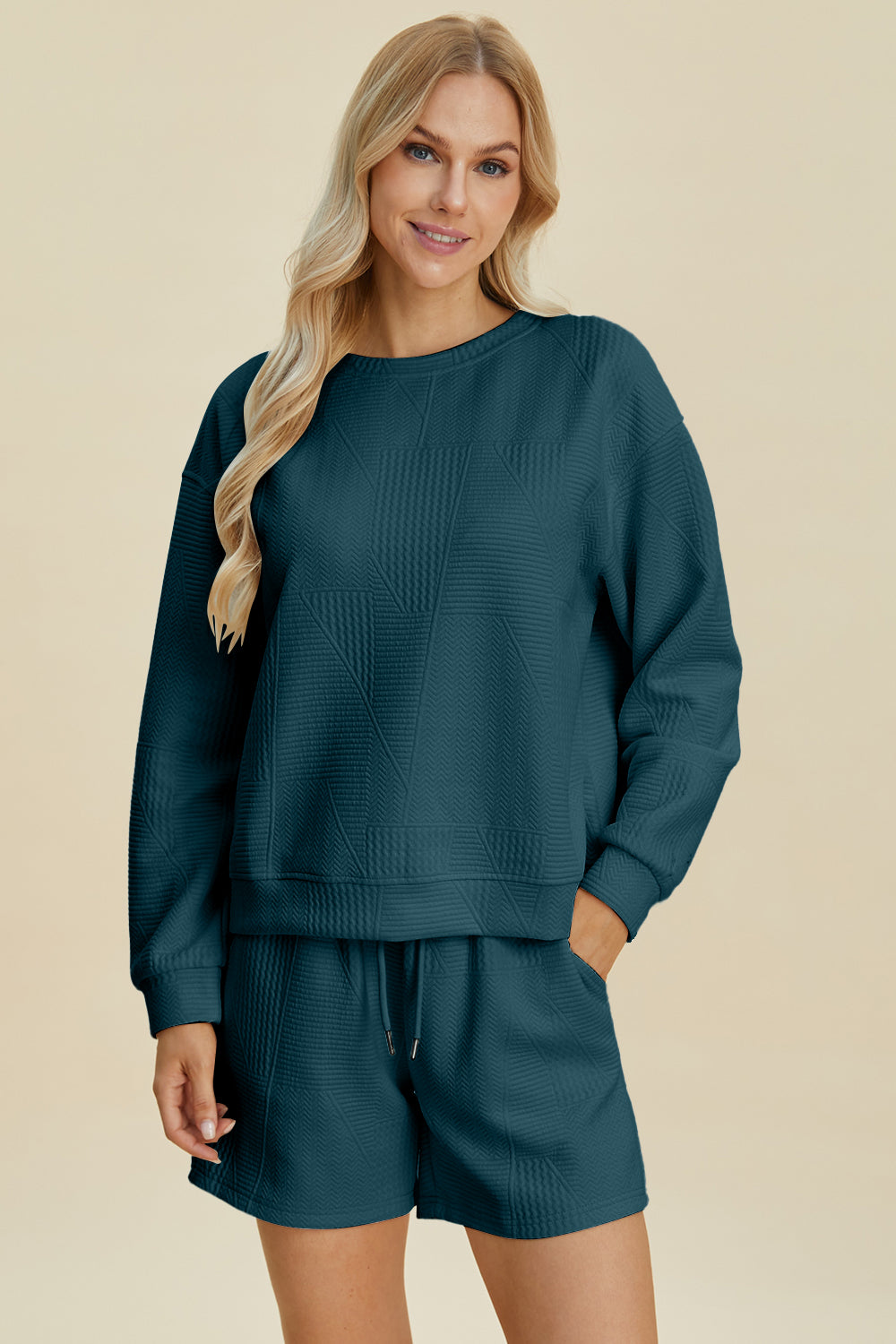 Blue Texture Round Neck Long Sleeve Top and Shorts Loungewear Set