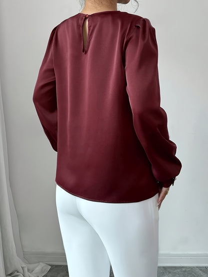 Burgundy Ruched Round Neck Long Sleeve Blouse | Christmas Party | Holiday Blouse