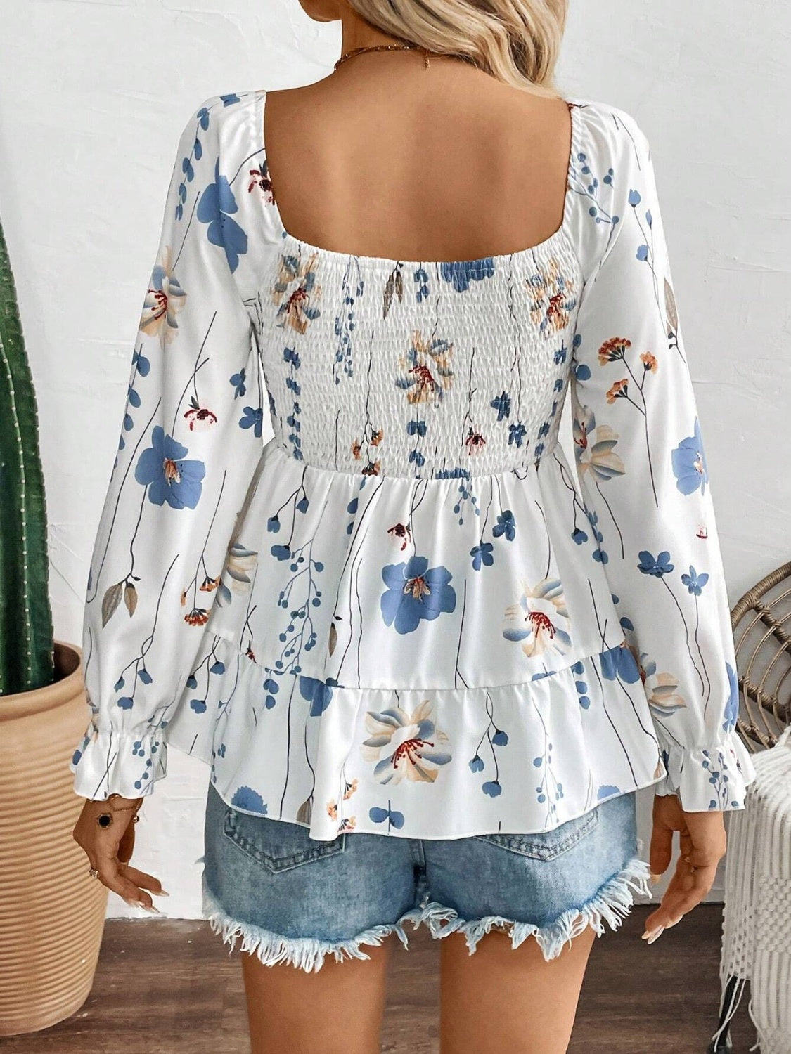 White Smocked Floral Scoop Neck Flounce Sleeve Blouse | Spring Blouses