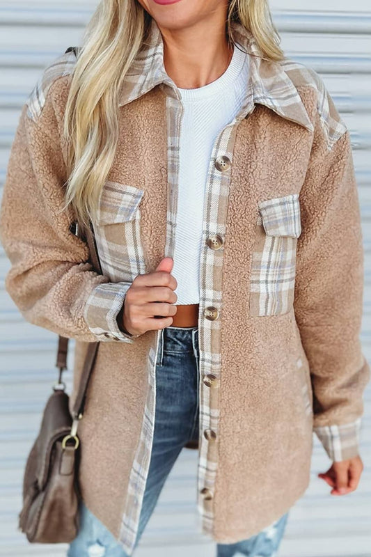 Pocketed Plaid Collared Neck Sherpa Jacket | Outerwear | Cozy Weather