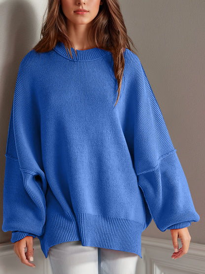 Oversized Side Slit Round Neck Long Sleeve Sweater