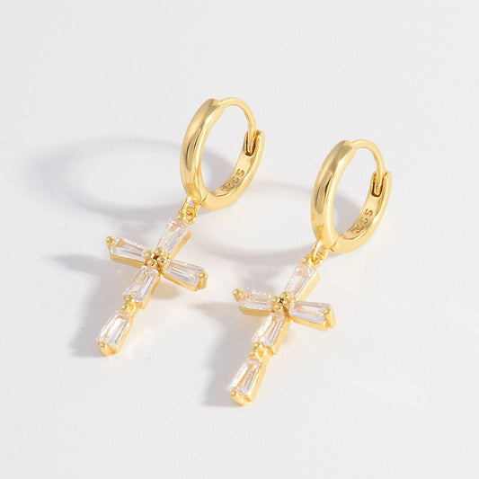 925 Sterling Silver 18K Gold Plated Zircon Cross Earrings - Wander Free Boutique - 925 Sterling Silver 18K Gold Plated Zircon Cross Earrings