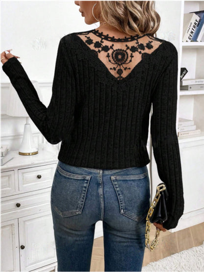 Lace Detail V-Neck Long Sleeve T-Shirt | Winter Blouse | Blouses