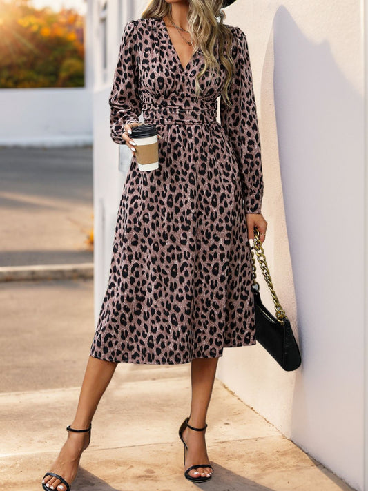 Casual Leopard Surplice Long Sleeve Midi Dress | Business Casual | Office Fashion