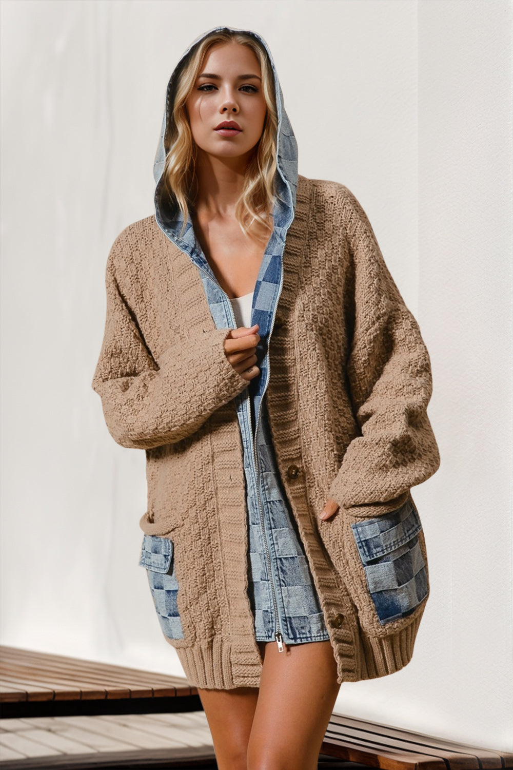 Double Take Full Size Hooded Denim Spliced Sweater Cardigan | Fall Cardigan