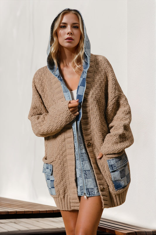 Double Take Full Size Hooded Denim Spliced Sweater Cardigan | Fall Cardigan