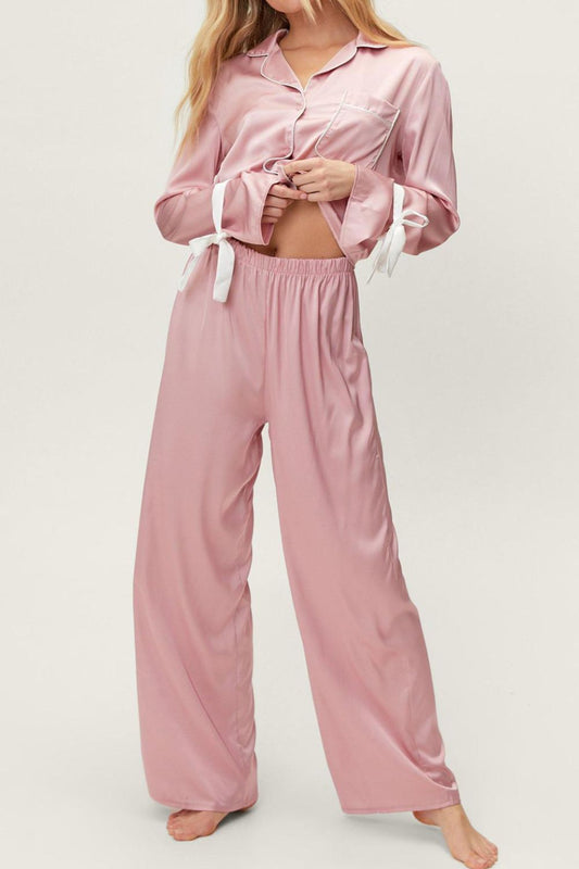 Tied Cuff Collared Neck Top and Pants Lounge Set | Loungewear | Pajama Sets