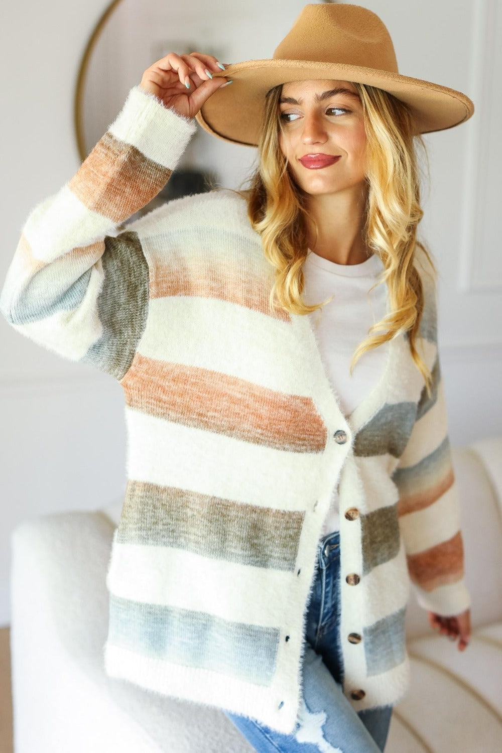 Color Fade Full Size Button Down Stripe Soft Fuzzy Sweater Cardigan