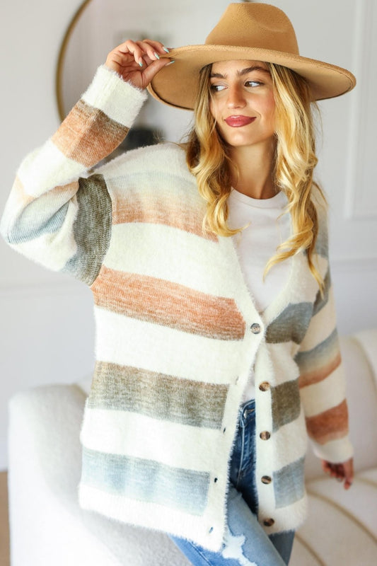 Color Fade Full Size Button Down Stripe Soft Fuzzy Sweater Cardigan