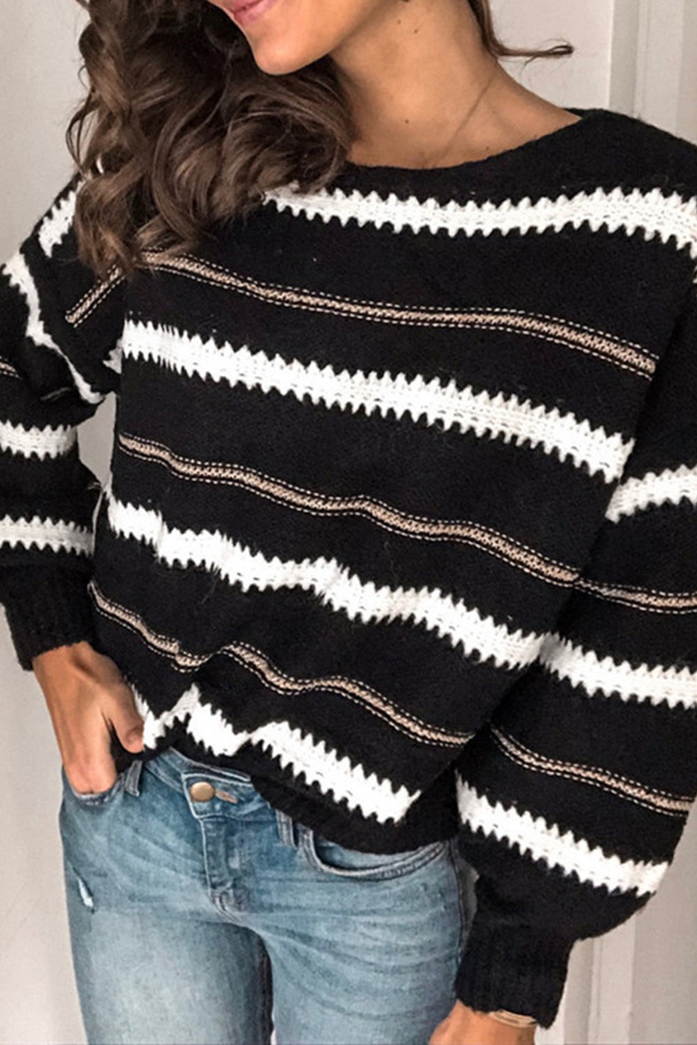 Contrast Striped Round Neck Long Sleeve Sweater | Winter Fashion