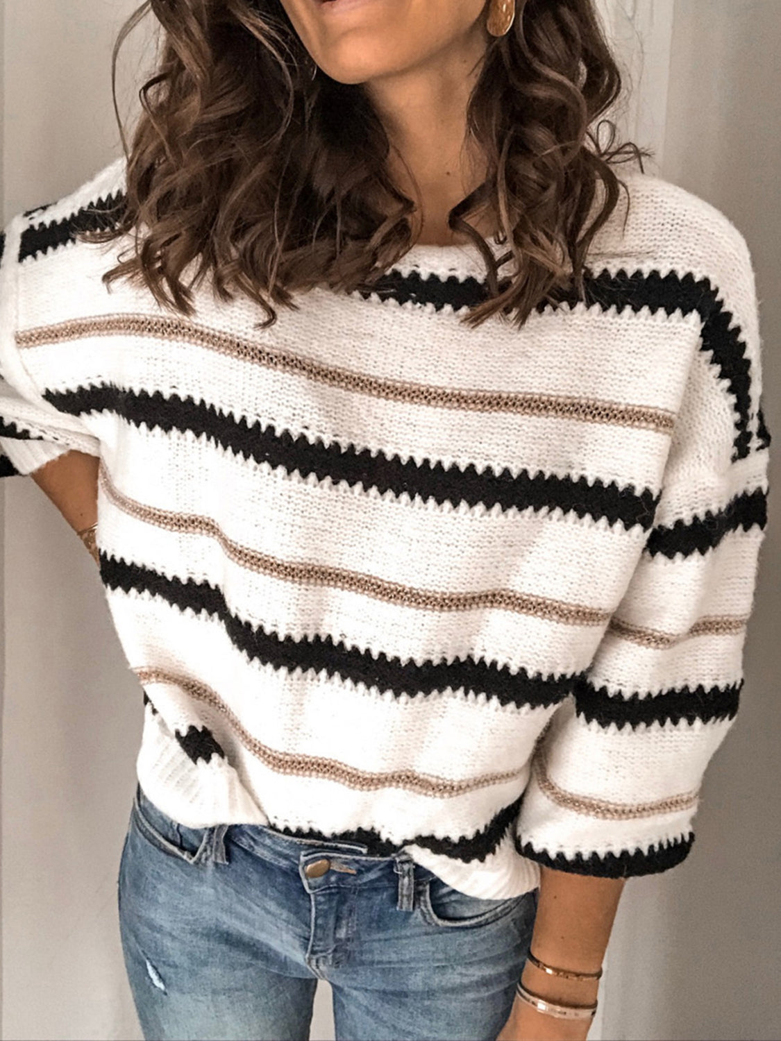 Contrast Striped Round Neck Long Sleeve Sweater | Winter Fashion