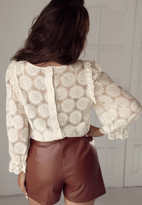 Flower Jacquard Flounce Sleeve Blouse | Casual Tops