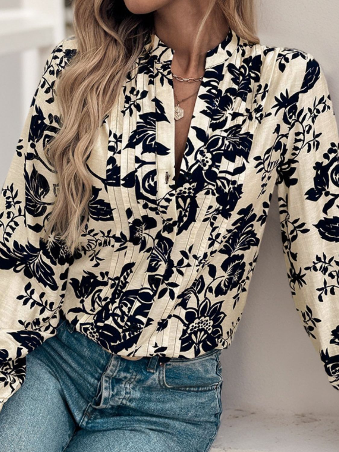 Perfee Printed Notched Long Sleeve Shirt