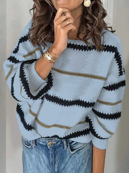 Contrast Striped Round Neck Long Sleeve Sweater | Winter Fashion