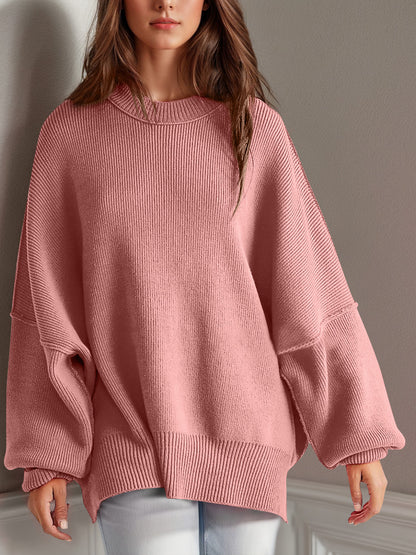 Oversized Side Slit Round Neck Long Sleeve Sweater