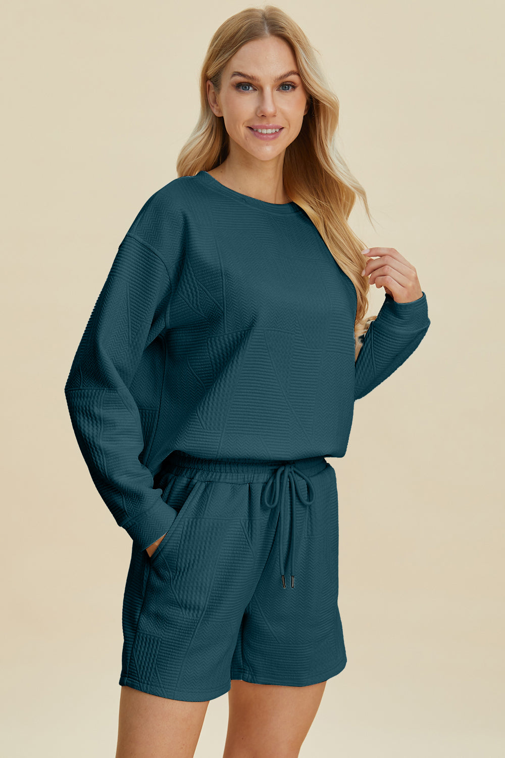 Blue Texture Round Neck Long Sleeve Top and Shorts Loungewear Set