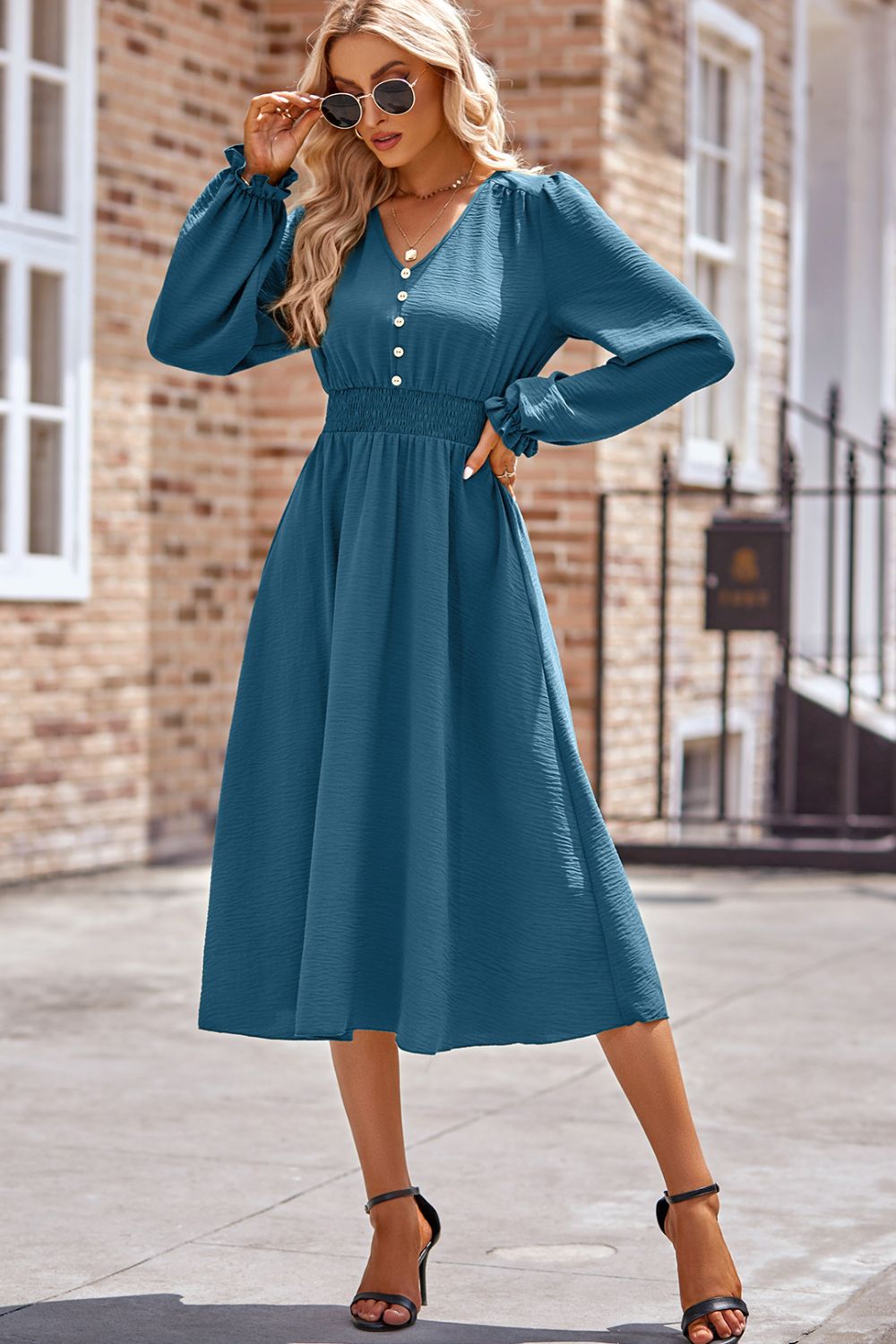 Smocked V-Neck Flounce Sleeve Midi Dress | Casual Dress