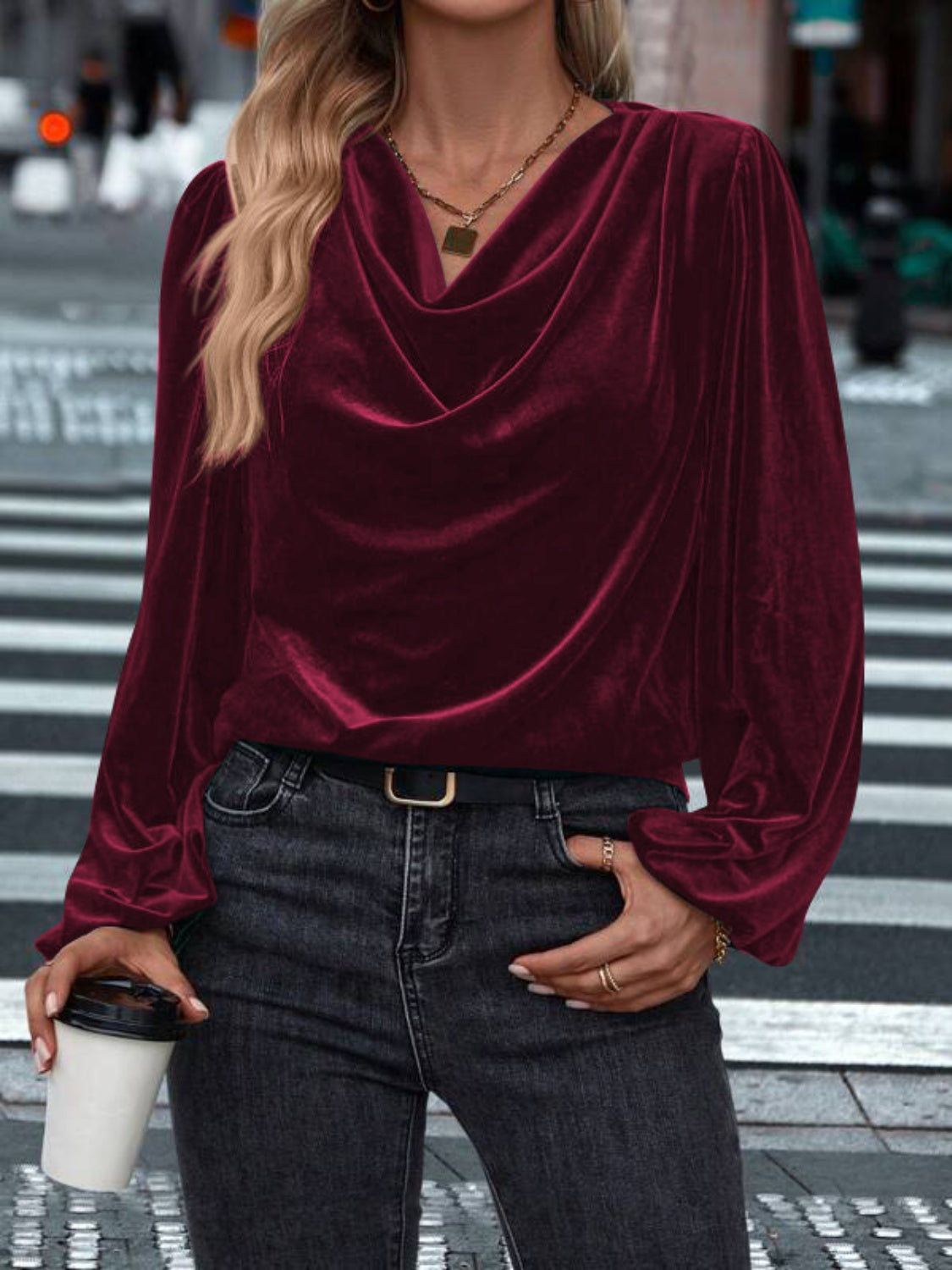 Faux Velvet Cowl Neck Long Sleeve Blouse | Holiday Blouse | Christmas Party