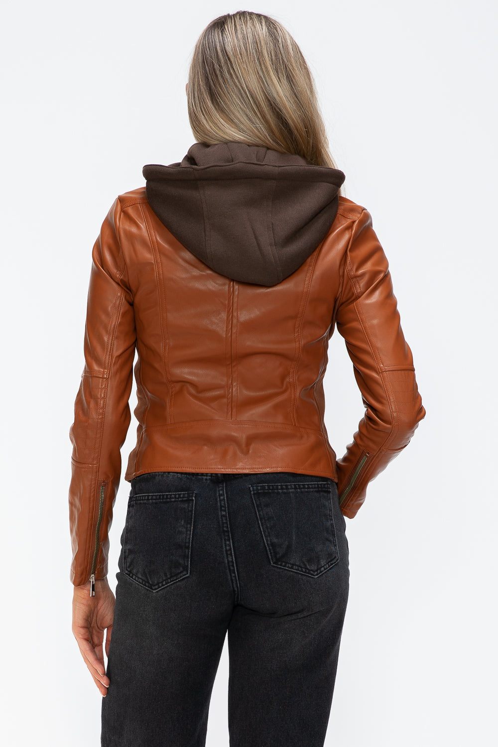 Synthetic Leather Biker Jacket with Side Zip Pockets | Winter Jacket | Drawstring Hooded Jacket