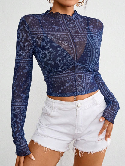 Navy Paisley Mock Neck Long Sleeve Sheer Top | Spring Blouse