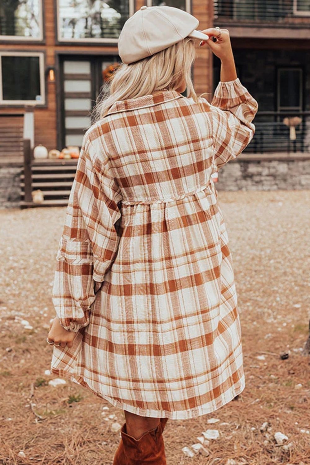 Plaid Collared Neck Long Sleeve Mini Shirt Dress | Casual Shirt Dress