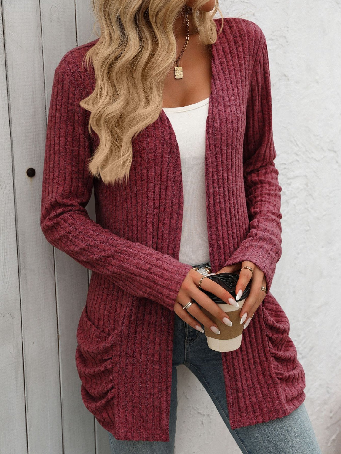 Open Front Long Sleeve Ribbed Cardigan with Pockets