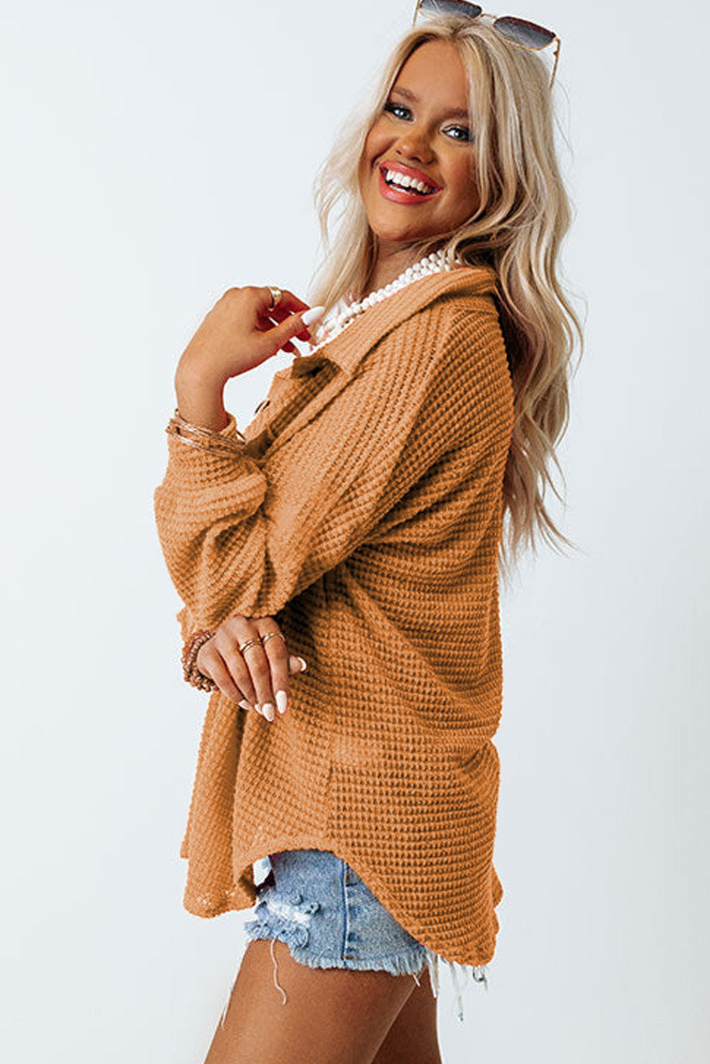 Waffle-Knit Collared Neck Long Sleeve Shirt | Casual Shirts | Winter Outfits