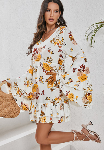 White and Yellow Floral Printed V-Neck Flare Sleeve Mini Dress | Spring Dresses