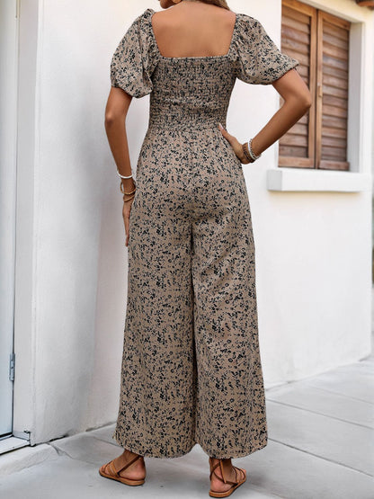 Beige Smocked Printed Square Neck Puff Sleeve Jumpsuit | Spring Outfits