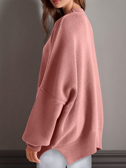 Oversized Side Slit Round Neck Long Sleeve Sweater