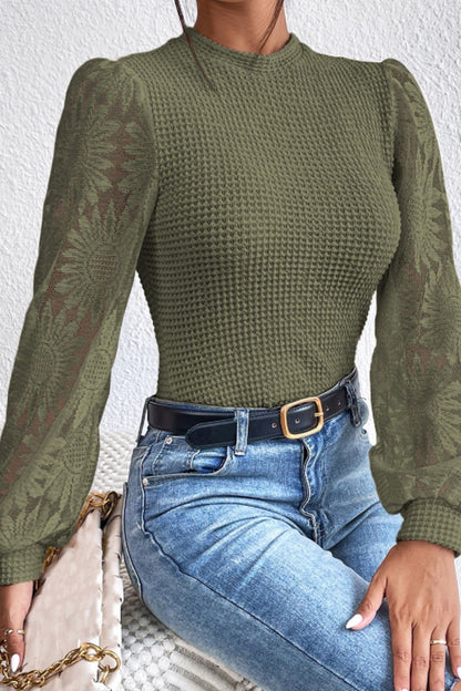 Mock Neck Lace Long Sleeve Top | Sheer Sleeve Floral Top