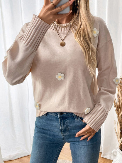 Flower Round Neck Long Sleeve Sweater