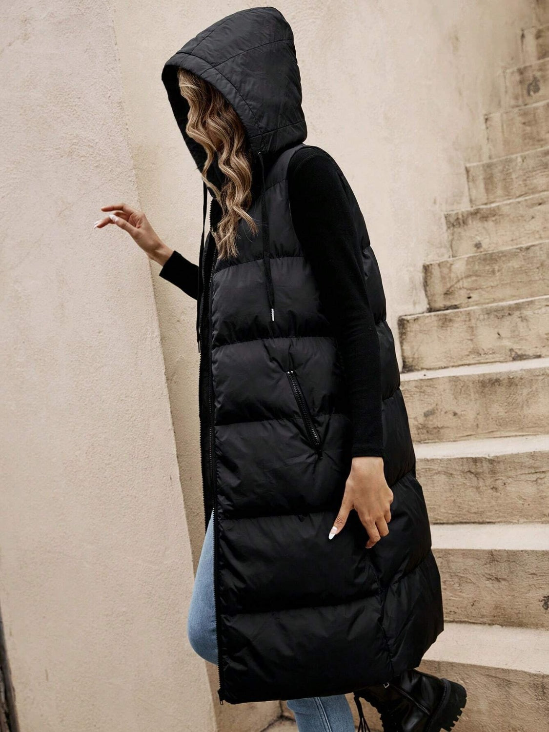 Drawstring Zip Up Hooded Longline Vest Coat | Outerwear