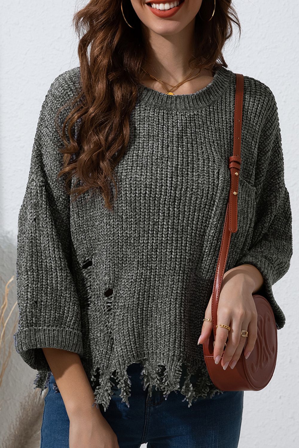 Distressed Round Neck Drop Shoulder Sweater | Oversized Sweaters | Cozy Weather