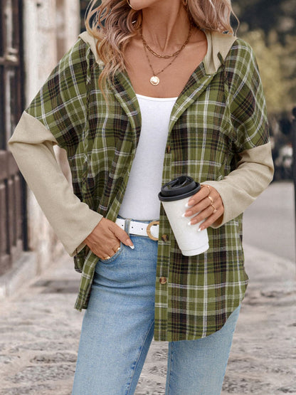 Drawstring Plaid Long Sleeve Hooded Shirt