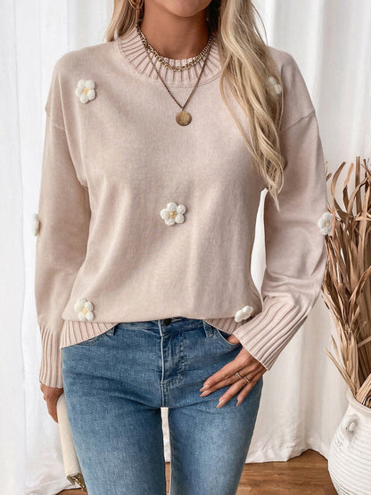 Flower Round Neck Long Sleeve Sweater