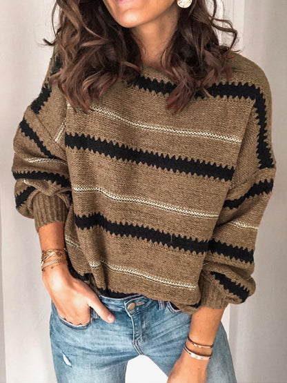 Contrast Striped Round Neck Long Sleeve Sweater | Winter Fashion