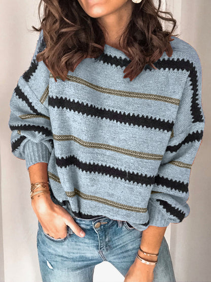 Contrast Striped Round Neck Long Sleeve Sweater | Winter Fashion