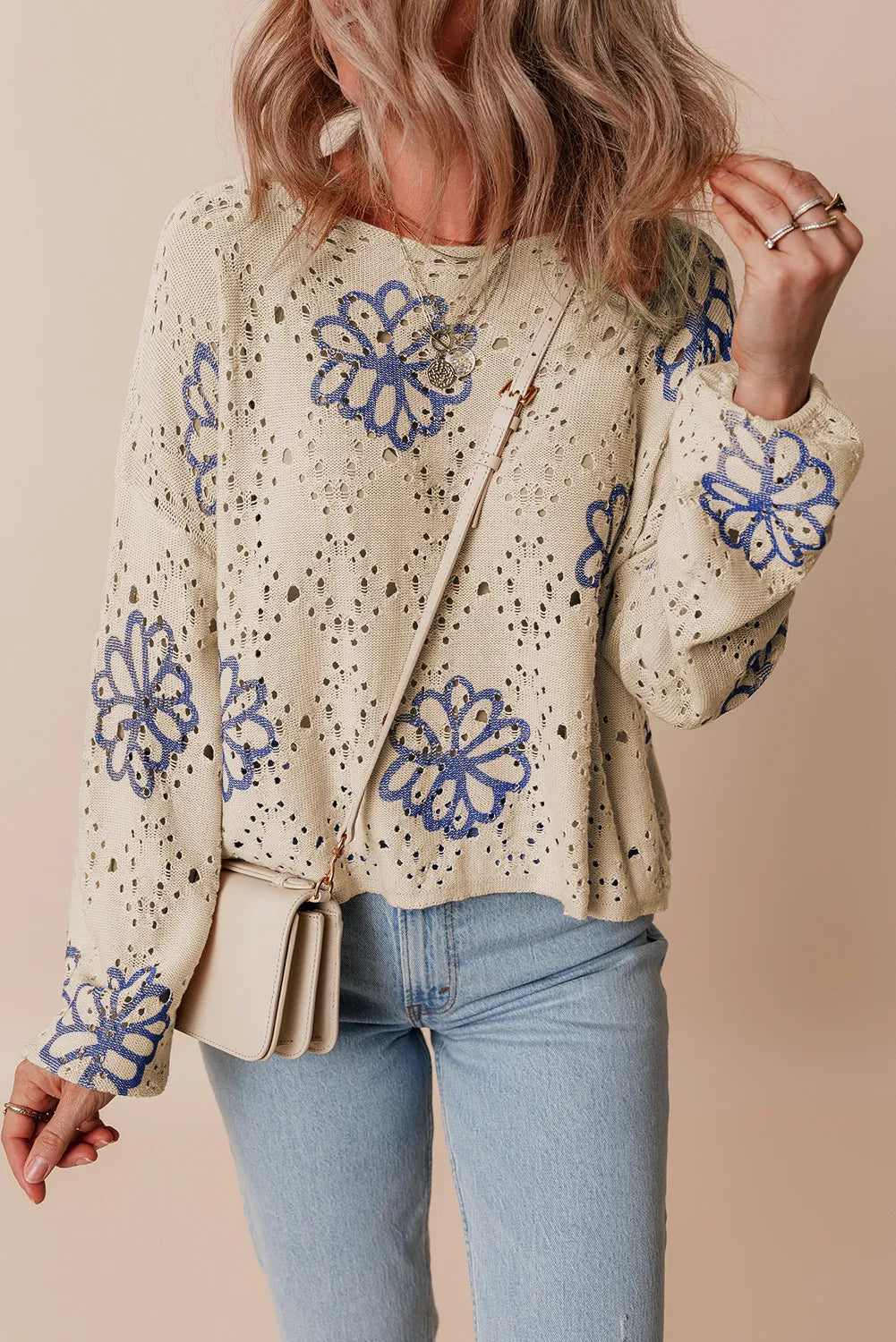 Openwork Round Neck Long Sleeve Knit Top