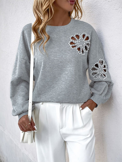 Cutout Pearl Round Neck Long Sleeve Sweatshirt | Winter Fashion