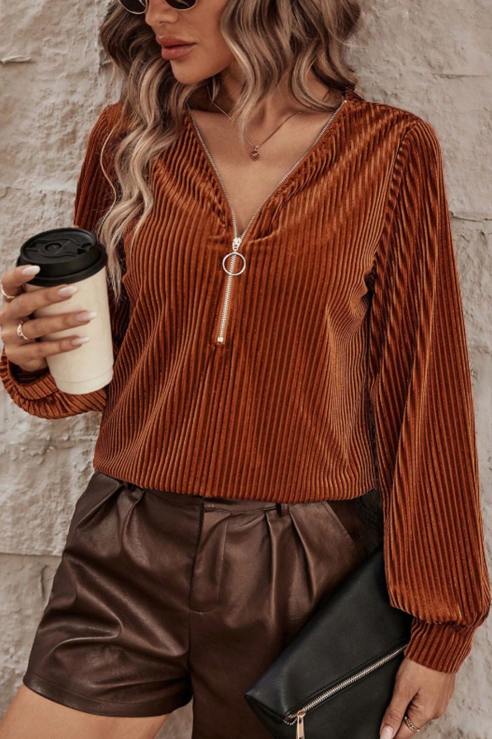 Half Zip Caramel Long Sleeve T-Shirt | Zip-up Collar | Cozy Weather