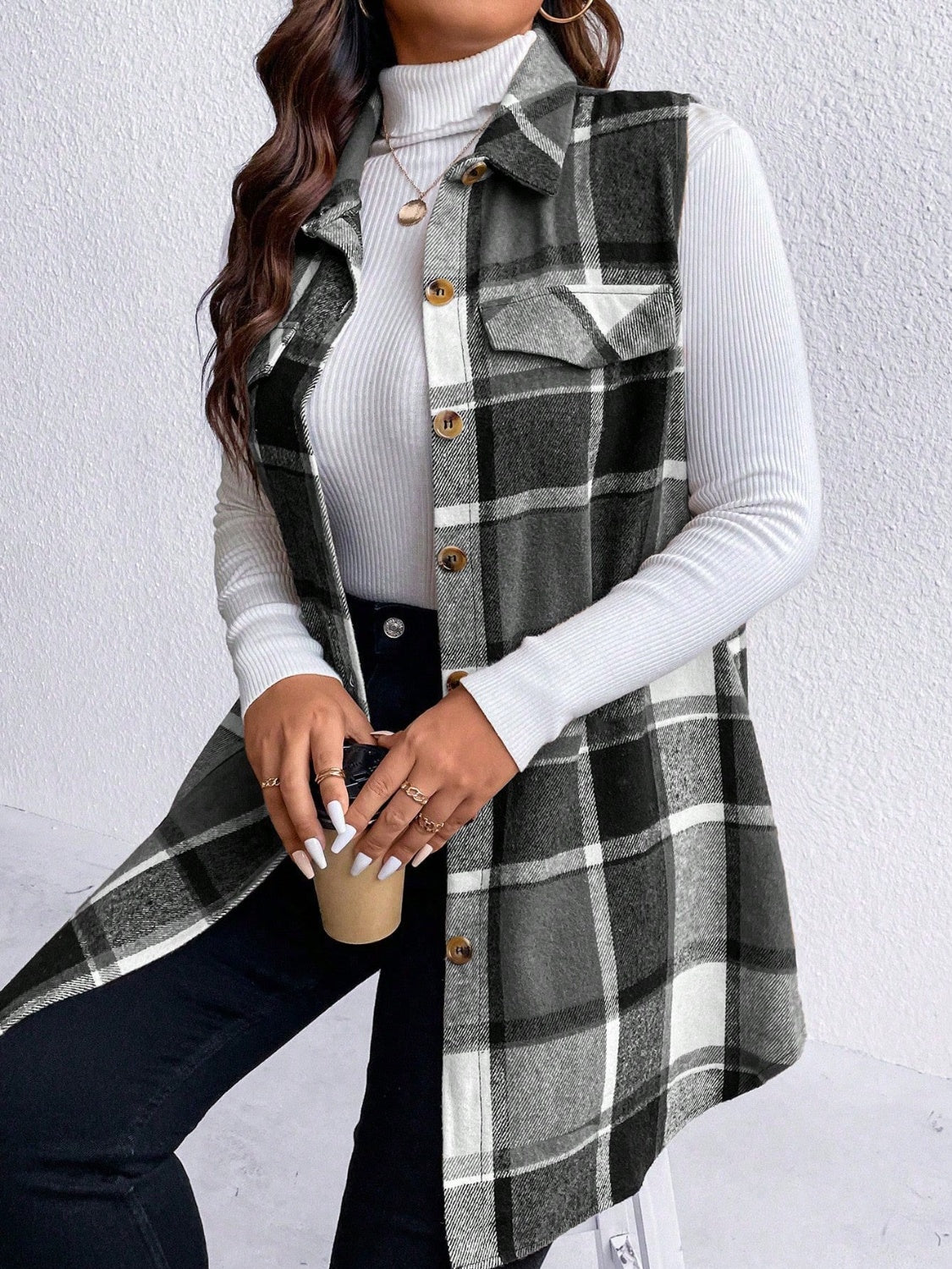 Pocketed Plaid Button Up Vest Coat Plus Size